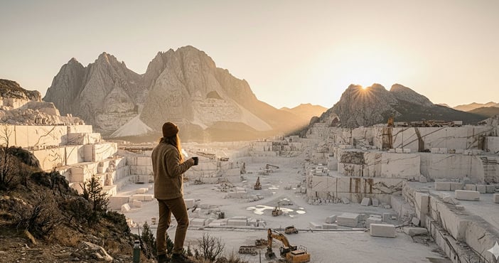 Mountain stone quarry with person standing on edge